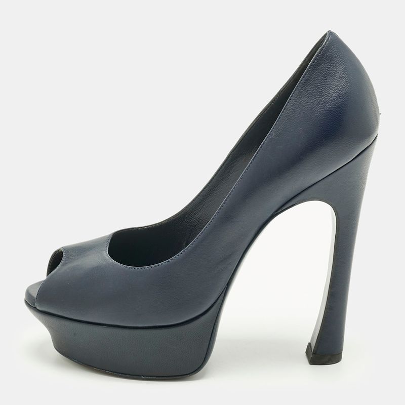 Yves Saint Laurent Navy Blue Leather Platform Peep Toe Pumps Size 36
